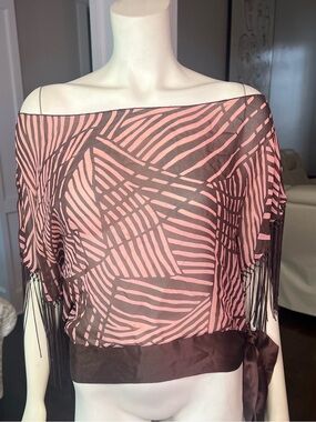 bebe Pink and Brown Fringe Off-Shoulder Blouse
